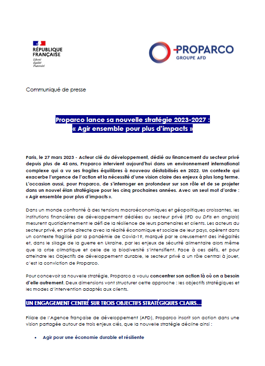 Communiqué de presse - Stratégie de Proparco
