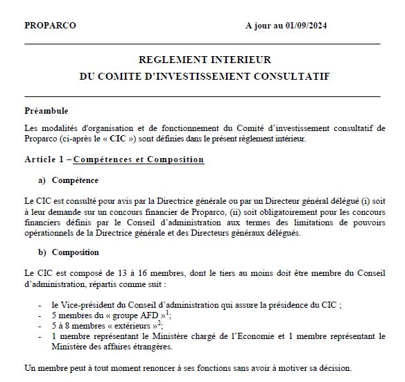 Réglement intérieur du CIC de Proparco